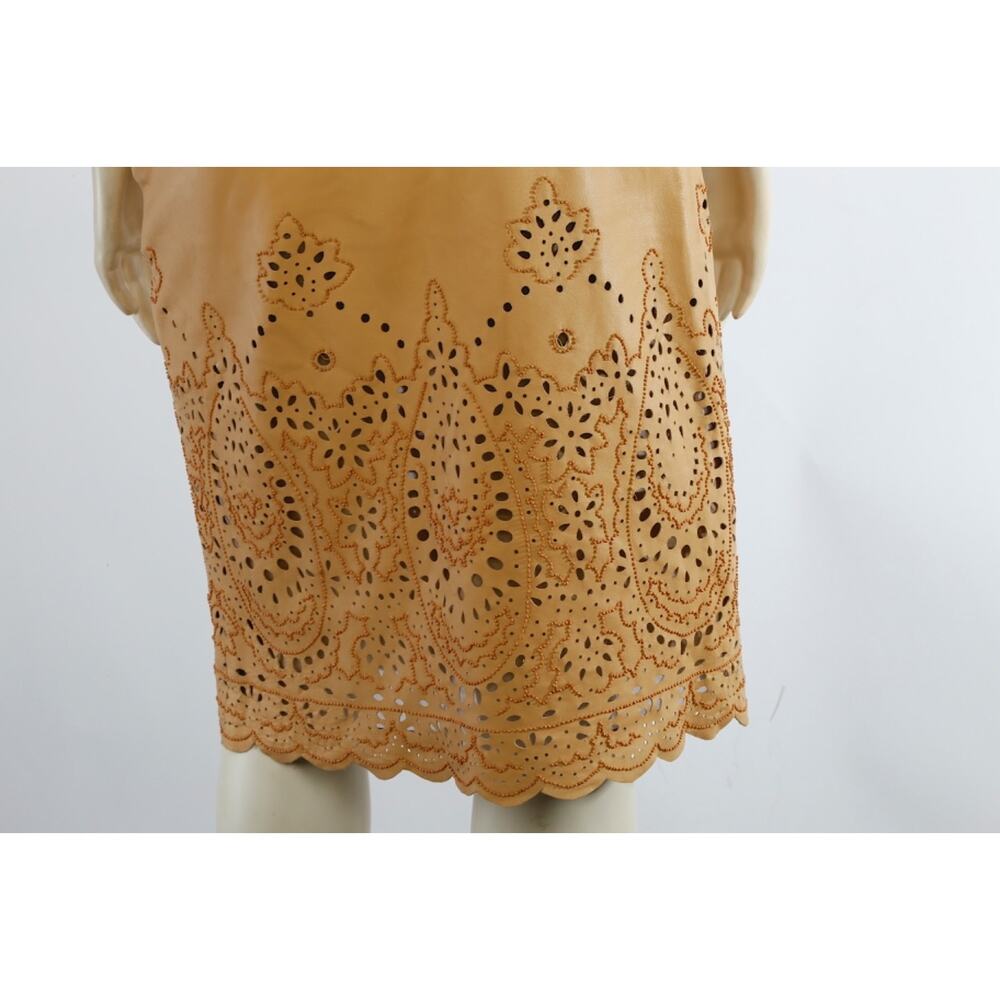 Vintage Oscar de la Renta Tan Leather Laser Cut Eyelet Paisley Pencil Skirt Sz 2 - Picture 8 of 12